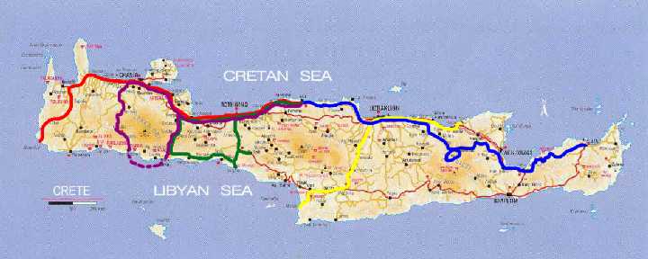 Mapa Kréty s vyznačenými trasami