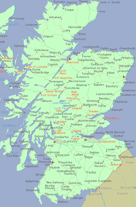 Mapa Skotska - červeně jsou označená místa, kde jsme byli